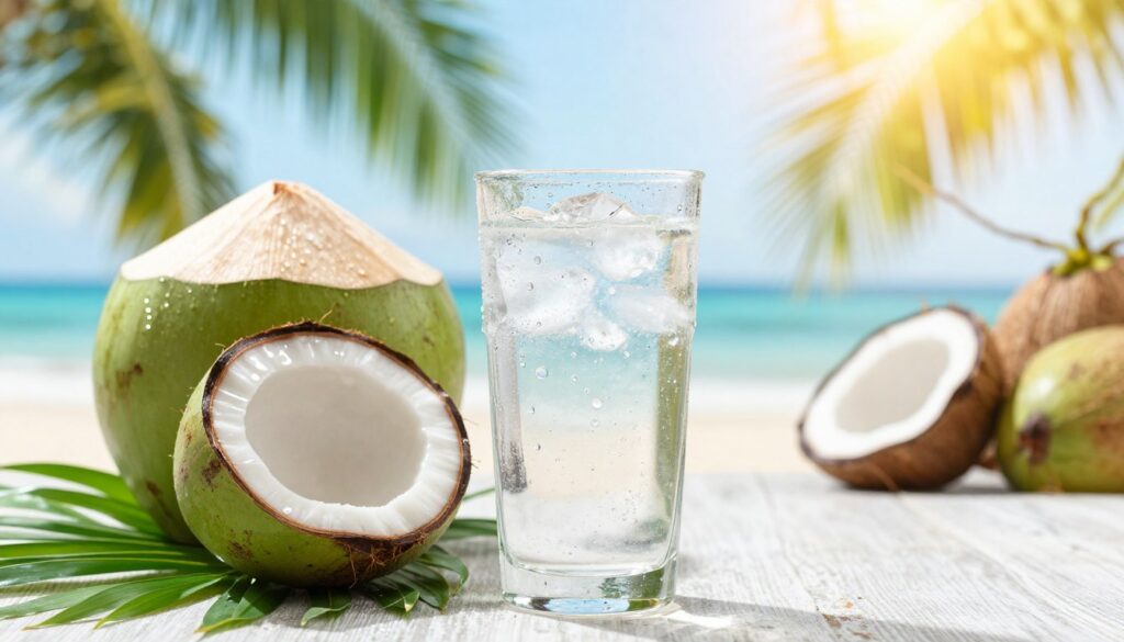 A refreshing coconut water scene featuring a clear glass filled with cool, crystal-clear coconut water, accompanied by a fresh green coconut half with water glistening inside. In the foreground, droplets of condensation can be seen on the glass, suggesting chill and freshness. In the middle ground, vibrant green palm leaves and a few coconuts scattered artistically to enhance the tropical feel. The background is softly blurred with a serene beach setting, hinting at warm sunlight filtering through the palms. The image should have bright, natural lighting that emphasizes the refreshing qualities of coconut water, creating a lively and refreshing atmosphere ideal for evoking health and vitality.