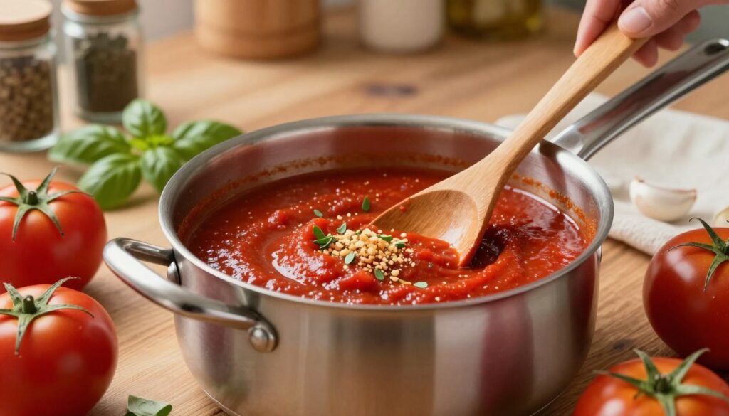 A rich and vibrant tomato sauce simmering in a stainless steel saucepan, surrounded by fresh, ripe tomatoes, aromatic herbs like basil and oregano, and a sprinkle of crushed garlic. The foreground features a wooden spoon stirring the sauce, capturing the texture and glossy sheen, while the middle shows a close-up of the saucepan against a rustic wooden kitchen counter. In the background, soft, warm lighting illuminates a softly blurred kitchen setting with spice jars and utensils, creating a cozy, inviting cooking atmosphere. The overall mood conveys warmth and culinary creativity, emphasizing the essence of crafting a perfect tomato sauce without lumps.