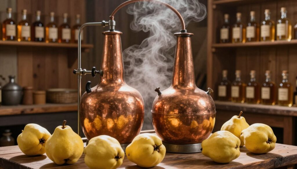 A rustic distillation setup featuring a copper still, elegantly shaped and reflecting soft golden light. In the foreground, a collection of ripe quince fruits sits enticingly, their pale yellow skin glistening. The middle ground displays the distillation apparatus in use, with steam rising gracefully, creating a sense of warmth and authenticity in the artisanal process. In the background, a cozy wooden workshop with shelves lined with glass bottles and jars, some filled with golden quince spirit, adds depth to the scene. The lighting is warm and inviting, emphasizing the craftsmanship and dedication involved in distilling quince. The overall mood conveys a blend of traditional artisanal practice and the rich history of spirit-making, inviting the viewer to appreciate the beauty of the process.