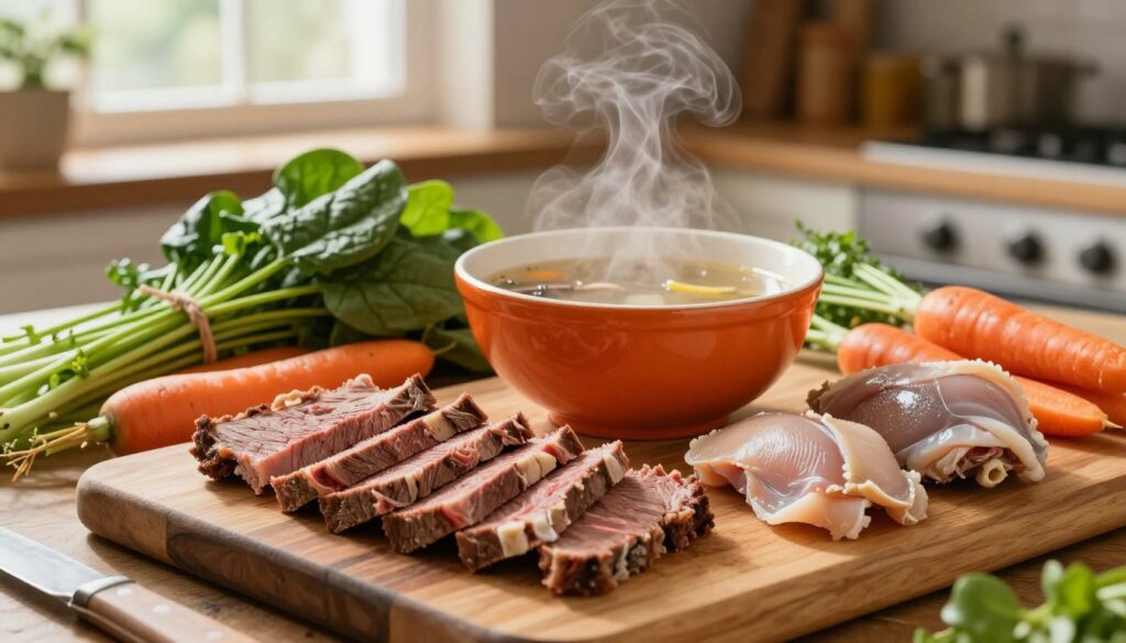 A rustic kitchen scene featuring a variety of animal-based collagen-rich foods. In the foreground, display a wooden cutting board with neatly arranged slices of cooked beef, chicken skin, and fish, emphasizing their textures. In the middle, include a vibrant bowl of bone broth, steaming gently to evoke warmth and nourishment. Surrounding these elements, showcase fresh herbs and vegetables that support collagen production, like carrots and spinach, artistically placed. The background should include warm, natural lighting filtering through a kitchen window, creating a cozy atmosphere. Use a slightly angled perspective to capture the depth of the scene, ensuring a clear focus on the collagen-rich products while maintaining an inviting feel throughout the composition.