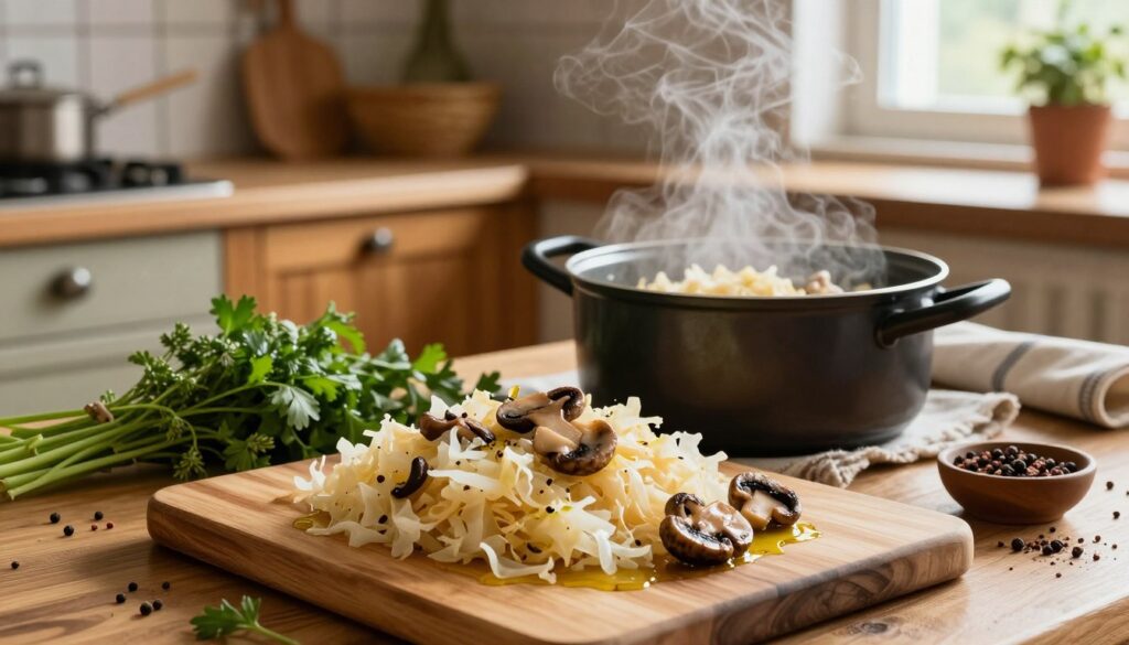A rustic kitchen scene showcasing "kapusta z grzybami," a traditional Polish dish. In the foreground, a wooden chopping board is laden with finely chopped sauerkraut and sautéed mushrooms, glistening with olive oil and spices. The middle ground features a pot simmering with the mixture, steam rising gently, creating a warm atmosphere. A vibrant array of fresh herbs and spices is scattered around, enhancing the culinary setting. In the background, a cozy, well-lit kitchen with warm wooden cabinets showcases traditional cooking tools. Soft, natural light filters through a nearby window, casting gentle shadows. The overall mood is inviting and homely, perfect for illustrating a traditional recipe.