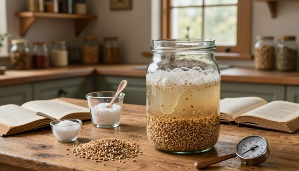 A rustic kitchen scene showcasing the process of preparing a fermentation mash. In the foreground, a large glass container filled with a bubbling mixture of grains, water, and yeast, surrounded by various ingredients like malted barley, sugar, and a thermometer. In the middle, a wooden table displays measuring cups and a stirring spoon, with a cozy old cookbook open to a recipe page. In the background, soft natural light filters through a window, illuminating the warm wooden shelves lined with jars of spices and fermentation tools. The atmosphere is inviting and earthy, evoking a sense of tradition and craftsmanship in the art of distilling spirits. The camera angle captures the richness of the scene, emphasizing texture and detail.