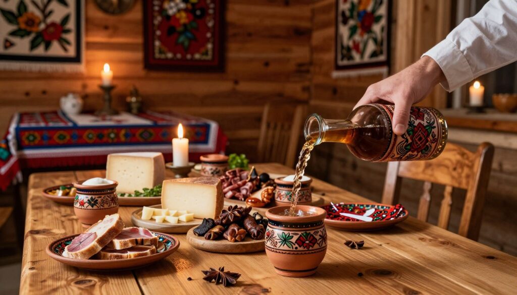 A rustic wooden table adorned with traditional ceramic cups filled with bimber góralski, a regional distillate from the Tatra Mountains. In the foreground, a hand is pouring bimber from an ornate glass bottle, capturing the essence of celebration. The middle layer features a spread of local delicacies such as cheese, bread, and smoked meats, inviting viewers into a warm atmosphere of a traditional gathering. The background reveals a cozy wooden cabin interior with colorful embroidered tablecloths and folk art on the walls, softly lit by warm, flickering candlelight. The scene conveys a strong sense of cultural heritage and conviviality, evoking the spirit of Góral hospitality and festivity. The composition should be rich in color and texture, focusing on the warmth and authenticity of the setting.
