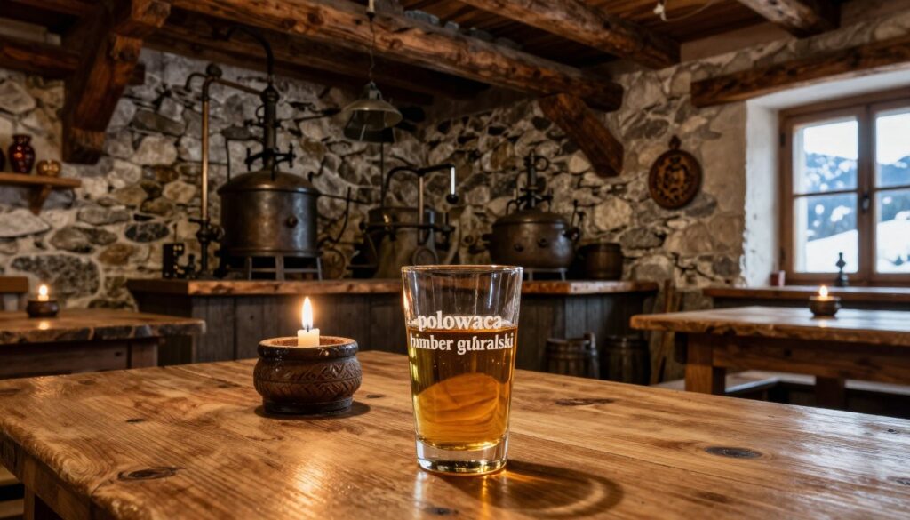 A rustic wooden table set in a cozy, dimly lit Polish tavern, adorned with an array of traditional elements. In the foreground, a polished glass of "polowaca bimber góralski" filled with a golden, amber liquid, should glisten under soft candlelight. The middle ground features old stone walls lined with vintage distilling equipment, emphasizing the artisanal nature of the spirit. Rich wooden beams frame the scene overhead, while small barrels and rustic decor breathe life into the setting. The background hints at a snowy mountain landscape visible through a window, capturing the essence of the Tatra region. The warm ambiance suggests a social and historical significance, creating an inviting, nostalgic atmosphere that evokes the heritage of regional spirits.