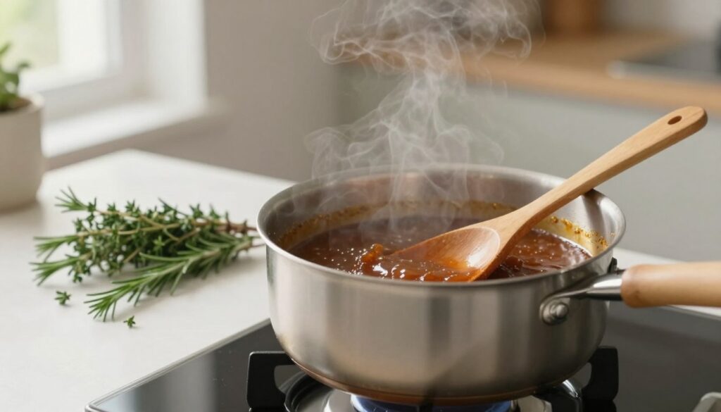 A saucepan simmering on a stove, filled with a rich brown sauce reducing over low heat. In the foreground, a wooden spoon rests against the pan, with some steam rising to create a warm atmosphere. In the middle, fresh herbs like thyme and rosemary are scattered around the counter, adding a touch of color and freshness. The background features a blurred kitchen setting with minimalist decor and soft natural lighting streaming through a window, creating a cozy and inviting mood. Shot from a medium angle to emphasize the textures of the sauce and the details of the cooking process, capturing the essence of the fluid reduction technique without any distractions.