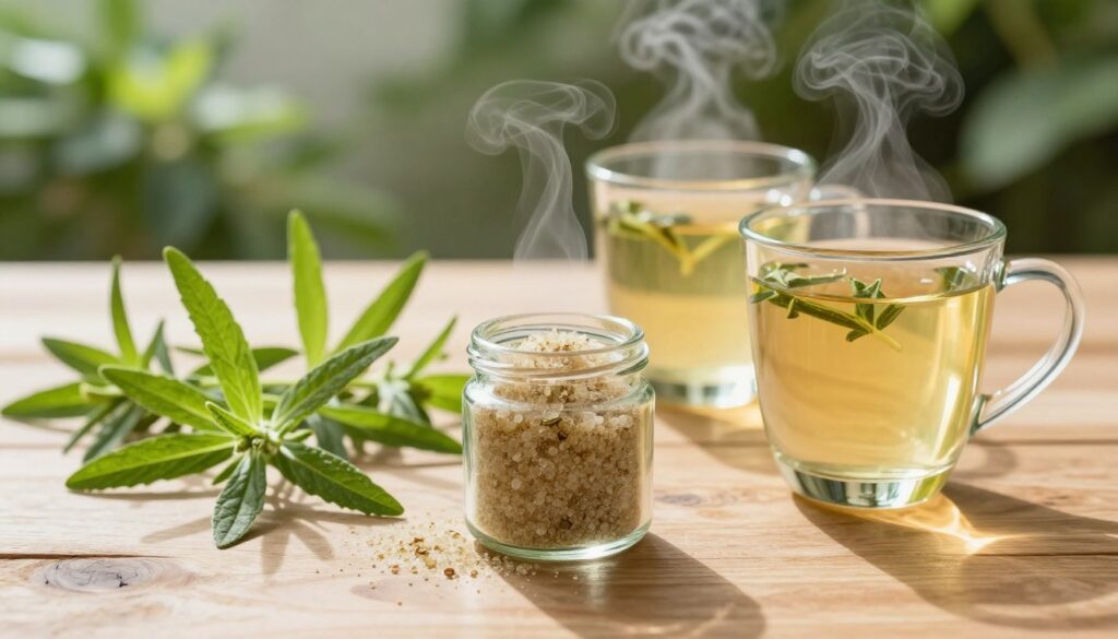 A serene and inviting table setting, showcasing fresh green stevia leaves scattered around a small, elegant glass jar of granulated stevia sweetener. In the foreground, a couple of vibrant, crystal-clear glasses filled with refreshing herbal tea infused with stevia, steam gently rising from the surface. The middle ground features a sunlit wooden table that reflects a cozy atmosphere, with soft, natural light illuminating the scene, creating a warm glow. In the background, blurred hints of a lush garden, emphasizing a healthy lifestyle. The overall mood is tranquil and wholesome, embodying the health benefits of stevia while encouraging a connection to nature. The focus is crisp, with a slight depth of field effect, creating an inviting ambiance perfect for illustrating wellness themes. A serene and inviting table setting, showcasing fresh green stevia leaves scattered around a small, elegant glass jar of granulated stevia sweetener. In the foreground, a couple of vibrant, crystal-clear glasses filled with refreshing herbal tea infused with stevia, steam gently rising from the surface. The middle ground features a sunlit wooden table that reflects a cozy atmosphere, with soft, natural light illuminating the scene, creating a warm glow. In the background, blurred hints of a lush garden, emphasizing a healthy lifestyle. The overall mood is tranquil and wholesome, embodying the health benefits of stevia while encouraging a connection to nature. The focus is crisp, with a slight depth of field effect, creating an inviting ambiance perfect for illustrating wellness themes.