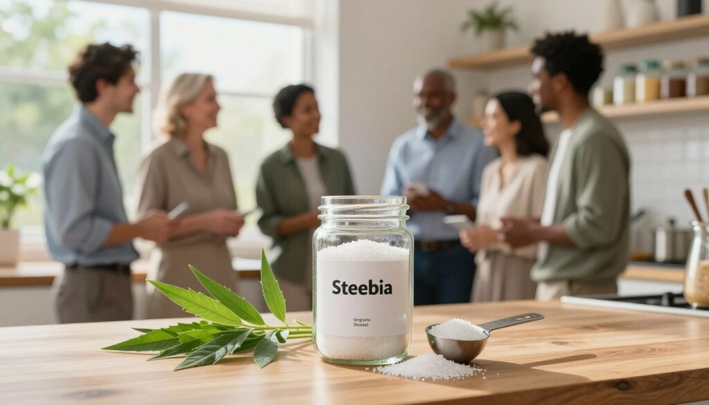 A serene kitchen scene illustrating the safety of using stevia in daily diets. In the foreground, a glass jar of organic stevia sugar replacement sits prominently on a wooden countertop, surrounded by fresh green stevia leaves. A measuring spoon filled with stevia leans against the jar. In the middle ground, a diverse group of individuals in professional attire discuss the benefits of stevia, showcasing a mix of cultures and genders, all smiling and engaging with each other. Soft, natural sunlight filters through a window, casting a warm glow on the scene, enhancing the inviting atmosphere. In the background, shelves lined with healthy food options and cookbooks are visible, reinforcing the theme of nutritious choices. The overall mood is informative and positive, emphasizing a safe and practical approach to dietary changes. A serene kitchen scene illustrating the safety of using stevia in daily diets. In the foreground, a glass jar of organic stevia sugar replacement sits prominently on a wooden countertop, surrounded by fresh green stevia leaves. A measuring spoon filled with stevia leans against the jar. In the middle ground, a diverse group of individuals in professional attire discuss the benefits of stevia, showcasing a mix of cultures and genders, all smiling and engaging with each other. Soft, natural sunlight filters through a window, casting a warm glow on the scene, enhancing the inviting atmosphere. In the background, shelves lined with healthy food options and cookbooks are visible, reinforcing the theme of nutritious choices. The overall mood is informative and positive, emphasizing a safe and practical approach to dietary changes.