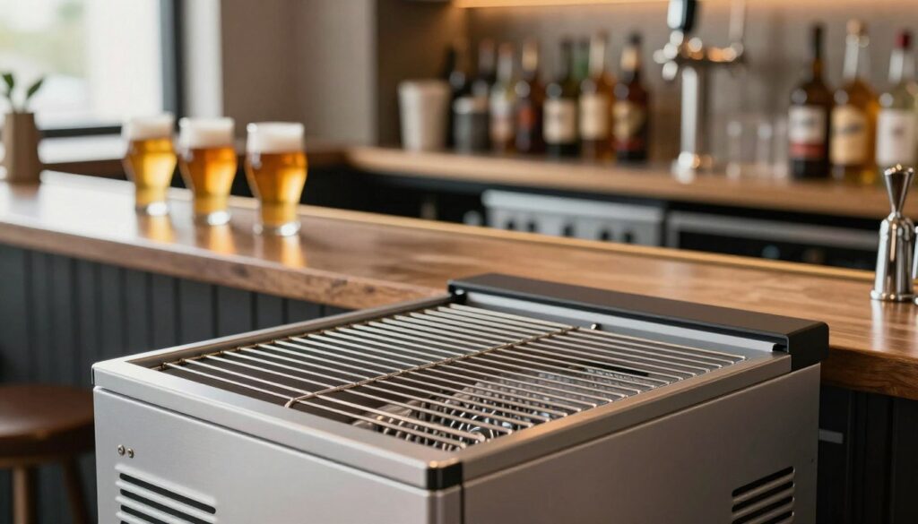 A sleek, modern plate beer cooler displayed in a professional kitchen setting. In the foreground, focus on the intricately designed cooling plates, showcasing their fine details and metallic sheen. The middle ground features a polished bar counter with a few frosty beer mugs, glistening under warm ambient lighting. In the background, there's a softly blurred shelf stocked with various craft beers and brewing equipment. The scene is bathed in soft, natural light from a nearby window, creating a warm and inviting atmosphere. Emphasize the technical sophistication of the beer cooler with a close-up perspective that highlights its functionality and elegance. Ideal for conveying the benefits and unique characteristics of a plate beer cooler.