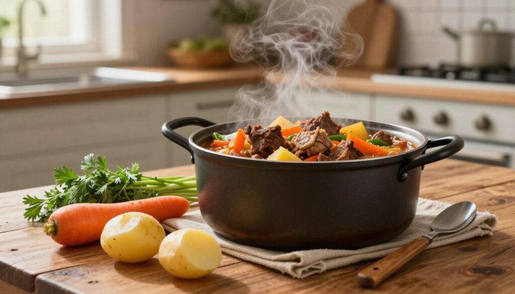A steaming pot of hearty one-pot dishes filled with vibrant colors and textures sits on a rustic wooden table. The foreground showcases an array of ingredients like potatoes, carrots, and herbs, carefully arranged beside the pot. In the middle, the pot overflows with rich, flavorful stew, displaying tender chunks of meat and vibrant vegetables, steam rising gently. The background features a cozy kitchen setting with warm, inviting light filtering through a window, highlighting the homey atmosphere. Capture the essence of comfort food, evoking a sense of warmth and satisfaction, with a focus on creating a delicious and inviting meal that speaks to larger appetites.