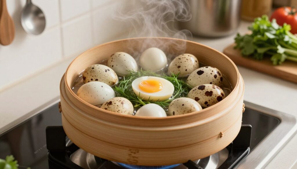 A steaming pot of water is perched on a modern stovetop, with a bamboo steamer basket above it, filled with beautifully arranged quail eggs. The eggs are perfectly cooked, some showing a creamy, soft-center while others are firm and set. Bright green herbs, like dill and parsley, are sprinkled around the eggs for an inviting touch. The warm, soft glow of ambient kitchen lighting creates a cozy atmosphere, highlighting the delicate textures of the eggshells and the wood of the steamer. In the background, subtle elements of a well-organized kitchen can be seen, such as utensils and fresh vegetables, contributing to the overall homely yet sophisticated feel of the scene. The angle is slightly above eye level, focusing on the steamer to emphasize the cooking process.