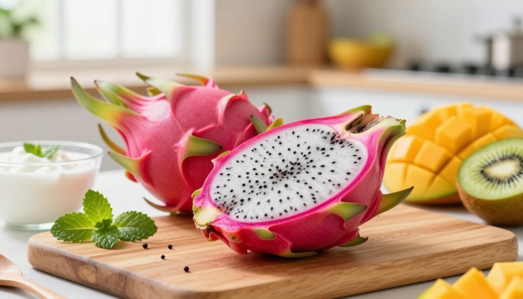 A vibrant and aesthetically pleasing kitchen scene featuring a freshly cut pitaya (dragon fruit) on a wooden cutting board. In the foreground, the bright pink and green flesh of the pitaya is sliced open, revealing its speckled interior. Surrounding it are ingredient pairings, such as a bowl of coconut yogurt, mint leaves, and vibrant tropical fruits like mango and kiwi, creating a colorful and appetizing display. In the background, a soft-focus kitchen environment with bright, natural light streaming in through a window enhances the atmosphere. The image captures a warm, inviting mood, perfect for showcasing creative culinary uses for pitaya. The composition is shot at a slight angle to emphasize the textures and colors of the fruit, highlighting its exotic appeal.