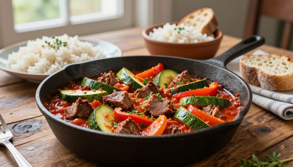 A vibrant and appetizing dish of leczo featuring zucchini, bell peppers, and chunks of tender meat, artfully arranged on a rustic wooden table. In the foreground, a cast-iron pan displays the colorful medley of sautéed vegetables simmering in a rich tomato sauce, garnished with fresh herbs. The middle ground reveals a side of fluffy rice and a small bowl of crusty bread for dipping. In the background, soft natural lighting filters through a nearby window, casting gentle shadows and highlighting the textures of the ingredients. The atmosphere is warm and inviting, perfect for a cozy family meal, evoking a sense of comfort and satisfaction. Focus on vibrant colors and fresh ingredients to illustrate the wholesome nature of this dish.