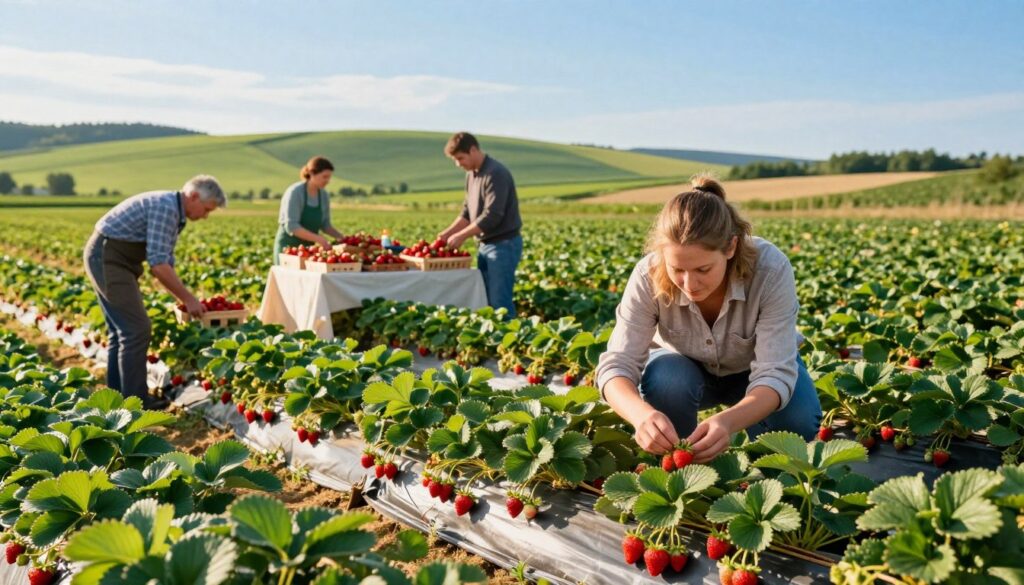 A vibrant and detailed image showcasing the economic significance of strawberry cultivation in Poland. In the foreground, a lush strawberry field brimming with ripe, red strawberries and green leafy plants. Farmers dressed in modest, professional attire are harvesting strawberries, emphasizing community effort and agricultural labor. The middle ground features a small market stall with fresh strawberries for sale, surrounded by baskets filled with berries, highlighting their economic value. In the background, rolling green hills and a clear blue sky, symbolizing Poland's agricultural landscape. The sunlight casts a warm golden hue over the scene, inducing a cheerful and prosperous atmosphere. The image is captured from a slightly elevated angle, providing a comprehensive view of the thriving strawberry farm, evoking a sense of growth and sustainability in agriculture.