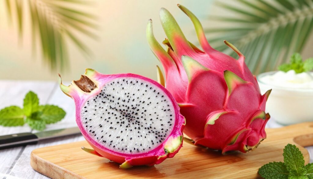 A vibrant and fresh dragon fruit (smoczy owoc) prominently displayed in the foreground, showcasing its striking pink skin and unique green-tipped scales. The fruit is sliced in half to reveal its translucent white flesh speckled with tiny black seeds, glistening under soft natural light. In the middle ground, a simple wooden cutting board and a sharp knife suggest preparation for eating. Surrounding elements include fresh mint leaves and a small bowl of yogurt, hinting at delicious pairings. The background features a soft-focus tropical setting with hints of palm leaves and warm, inviting sunlight filtering through. The overall mood is fresh and appetizing, capturing the exotic essence of this unique delicacy.