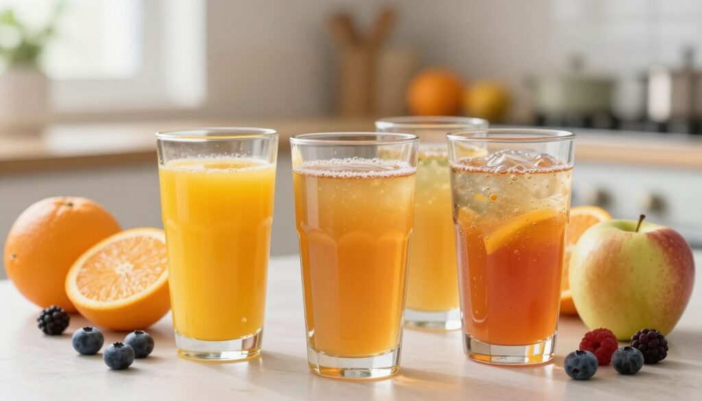 A vibrant and informative composition showcasing a visual comparison of different types of juices, nectars, and fruit drinks. In the foreground, display three distinct glasses: one filled with pure, vibrant orange juice, another with a slightly cloudy, amber nectar, and a third with a colorful fruit beverage that has visible pulp and bubbles. The middle ground should feature fresh fruits like oranges, apples, and berries artistically arranged beside the drinks, emphasizing their natural origins. In the background, a sunny kitchen with soft, natural lighting creates a warm, inviting atmosphere. Use a shallow depth of field to keep the focus on the drinks, while soft bokeh highlights the fruit. The overall mood should be fresh, healthy, and cheerful, encouraging daily consumption of nutritious beverages.