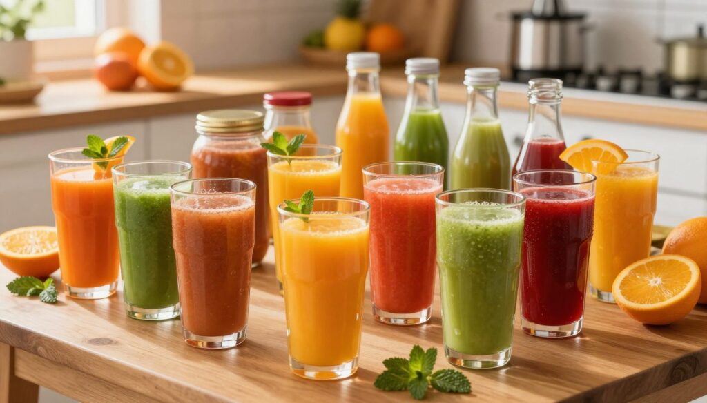A vibrant and inviting display of various types of soki przecierowe (puree juices) arranged artistically on a wooden table. In the foreground, there are tall, clear glasses filled with colorful juices, showcasing rich textures and hues like deep orange, vibrant red, and bright green, with a few fruit garnishes like slices of orange and sprigs of mint. In the middle ground, jars and bottles of juice are neatly organized, with a blurred background of a sunlit kitchen featuring fresh fruits and a juicer, adding a homely atmosphere. The lighting is warm and natural, creating a welcoming ambiance, with soft shadows adding depth. The image should be shot from a slightly elevated angle to capture the juice textures clearly while keeping the arrangement visually pleasing.