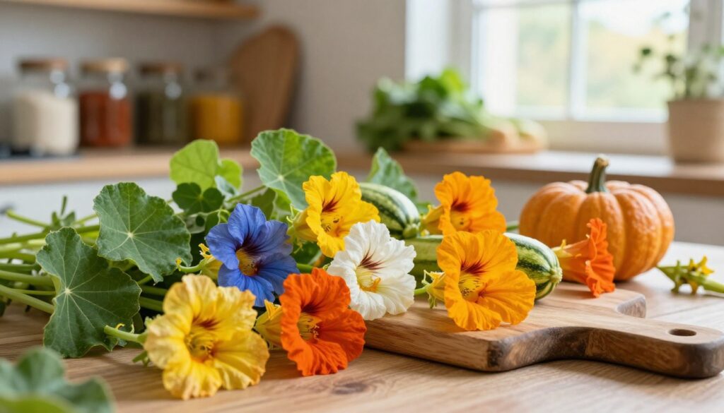 A vibrant arrangement of edible vegetable flowers, featuring colorful blossoms such as zucchini, pumpkin, and nasturtium, artistically displayed in a rustic kitchen setting. In the foreground, beautifully detailed, open flowers showcase their delicate textures and vivid colors, emphasizing their nutritional richness. The middle ground includes fresh green leaves and a well-worn wooden cutting board, symbolizing a healthy culinary preparation. In the background, softly blurred shelves stocked with jars of spices and fresh produce enhance the homely atmosphere. Natural light filters through a nearby window, casting a warm glow to create an inviting mood. The image should evoke a sense of health and vitality, perfect for illustrating the nutritional and health benefits of these unique flowers. A vibrant arrangement of edible vegetable flowers, featuring colorful blossoms such as zucchini, pumpkin, and nasturtium, artistically displayed in a rustic kitchen setting. In the foreground, beautifully detailed, open flowers showcase their delicate textures and vivid colors, emphasizing their nutritional richness. The middle ground includes fresh green leaves and a well-worn wooden cutting board, symbolizing a healthy culinary preparation. In the background, softly blurred shelves stocked with jars of spices and fresh produce enhance the homely atmosphere. Natural light filters through a nearby window, casting a warm glow to create an inviting mood. The image should evoke a sense of health and vitality, perfect for illustrating the nutritional and health benefits of these unique flowers.