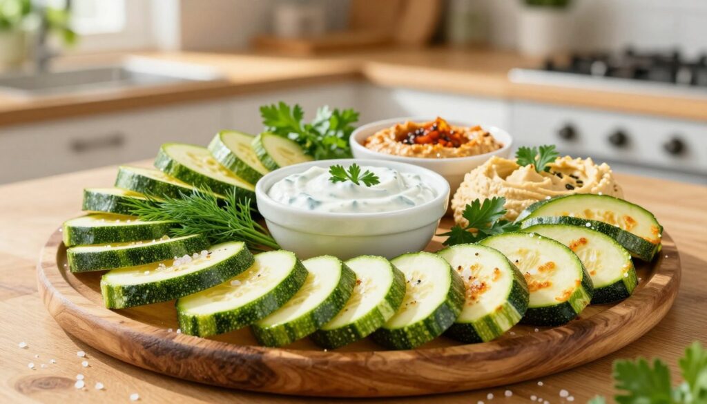 A vibrant array of healthy zucchini snacks arranged aesthetically on a rustic wooden platter. Foreground: perfectly sliced zucchini chips, lightly golden and sprinkled with Himalayan salt, some garnished with fresh herbs like dill and parsley. Middle: small bowls of dipping sauces, such as a creamy yogurt dip and a flavorful hummus, colorfully displayed. Background: a soft focus of a sunlit kitchen with warm, inviting wooden surfaces and green plants, creating a fresh, homey atmosphere. The scene is bright and appetizing, with natural lighting casting gentle shadows, evoking a sense of warmth and healthiness. The overall mood should be cheerful and motivating, inspiring the viewer to try these delicious, wholesome snacks.