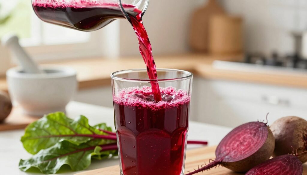 A vibrant close-up of fresh beetroot juice being poured into a glass, showcasing its rich, deep crimson color. In the foreground, focus on the glass half-filled with the juice, capturing the light refracting through it. In the middle, incorporate a sprig of fresh beet leaves beside the glass, adding a touch of greenery. The background features a softly blurred kitchen countertop with a mortar and pestle, symbolizing health and natural remedies, bathed in warm, natural light from a nearby window. The atmosphere is inviting and informative, ideal for conveying the health benefits of beetroot juice, specifically its effects on blood pressure and the circulatory system. Aim for a clean composition that emphasizes freshness and vitality.