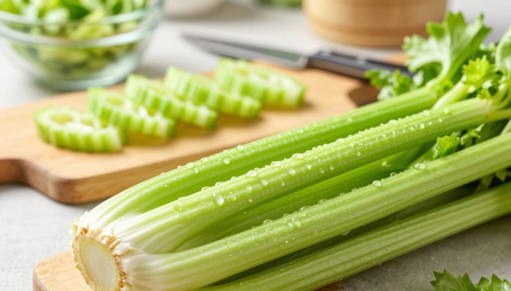 A vibrant close-up of fresh celery stalks, depicting their rich green color and crisp texture. In the foreground, focus on a bunch of freshly harvested celery with dew drops glistening on the surface, showcasing its natural freshness. In the middle ground, arrange a wooden cutting board scattered with sliced celery, highlighting its juicy interior. In the background, softly blurred kitchen elements like a bowl of salad ingredients and a cutting knife create a warm, inviting atmosphere, suggesting a home-cooked meal. The lighting is bright and natural, emulating sunlight filtering through a window, enhancing the freshness of the celery. The overall mood is healthy, vibrant, and appealing, perfect for encouraging the integration of this nutritious vegetable into daily diets.