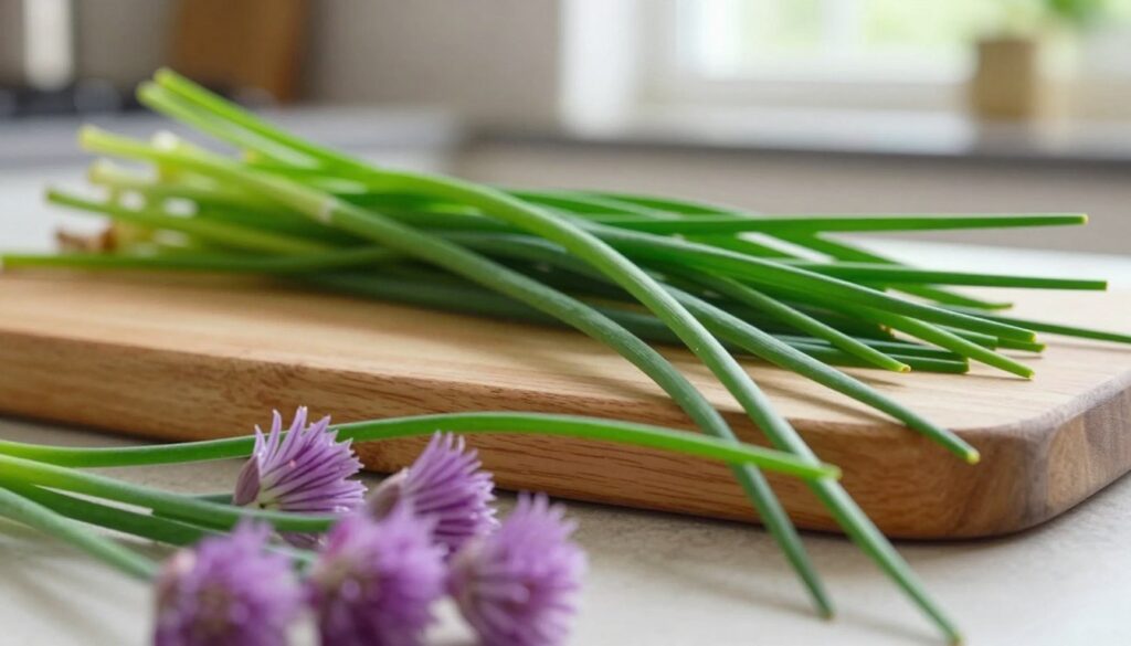 A vibrant, close-up view of fresh chives with delicate green stalks, showcasing their lush texture and subtle sheen. In the foreground, a few chive flowers are blooming, adding a pop of purple amidst the green, symbolizing health and vitality. In the middle, a wooden cutting board holds chopped chives, emphasizing their culinary uses. The background features a softly blurred kitchen setting with natural light streaming through a window, creating a warm and inviting atmosphere. The image should evoke a sense of freshness and well-being, highlighting the health benefits of chives, especially their immune-boosting properties. Capture the scene from a slightly elevated angle for a dynamic perspective. A vibrant, close-up view of fresh chives with delicate green stalks, showcasing their lush texture and subtle sheen. In the foreground, a few chive flowers are blooming, adding a pop of purple amidst the green, symbolizing health and vitality. In the middle, a wooden cutting board holds chopped chives, emphasizing their culinary uses. The background features a softly blurred kitchen setting with natural light streaming through a window, creating a warm and inviting atmosphere. The image should evoke a sense of freshness and well-being, highlighting the health benefits of chives, especially their immune-boosting properties. Capture the scene from a slightly elevated angle for a dynamic perspective.