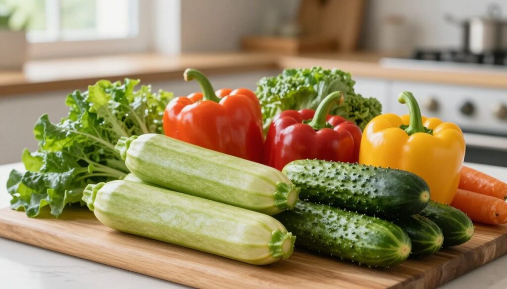 A vibrant, detailed arrangement of potassium-free vegetables suitable for a renal diet. In the foreground, showcase fresh, crisp vegetables such as zucchini, bell peppers, and cucumbers, neatly arranged on a wooden chopping board with some leafy greens accentuating the colors. In the middle ground, include a variety of other safe vegetables, displaying their textures and rich colors. The background features a kitchen environment with soft, natural light filtering through a window, casting gentle shadows. The overall mood conveys freshness and health, inspiring a sense of well-being. The focus should be sharp on the vegetables, with a slightly blurred background to emphasize the subject without distraction. A vibrant, detailed arrangement of potassium-free vegetables suitable for a renal diet. In the foreground, showcase fresh, crisp vegetables such as zucchini, bell peppers, and cucumbers, neatly arranged on a wooden chopping board with some leafy greens accentuating the colors. In the middle ground, include a variety of other safe vegetables, displaying their textures and rich colors. The background features a kitchen environment with soft, natural light filtering through a window, casting gentle shadows. The overall mood conveys freshness and health, inspiring a sense of well-being. The focus should be sharp on the vegetables, with a slightly blurred background to emphasize the subject without distraction.