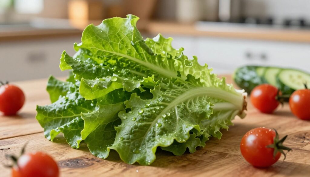 A vibrant, detailed close-up of fresh roszponka (lamb's lettuce) leaves, showcasing their rich green color and unique texture, symbolizing the nutritional value of this leafy green. In the foreground, focus on a handful of roszponka leaves with dew drops glistening under soft natural light, highlighting their freshness. In the middle, a rustic wooden table serves as the backdrop, with a few scattered grape tomatoes and slices of cucumber, emphasizing healthy eating. The background features a blurred kitchen setting, softly illuminated with warm light, creating a cozy atmosphere. The overall mood is inviting and health-conscious, perfect for illustrating the concept of nutritional values in everyday diets. The composition should be framed at a slight angle to create depth while maintaining clarity on the roszponka.