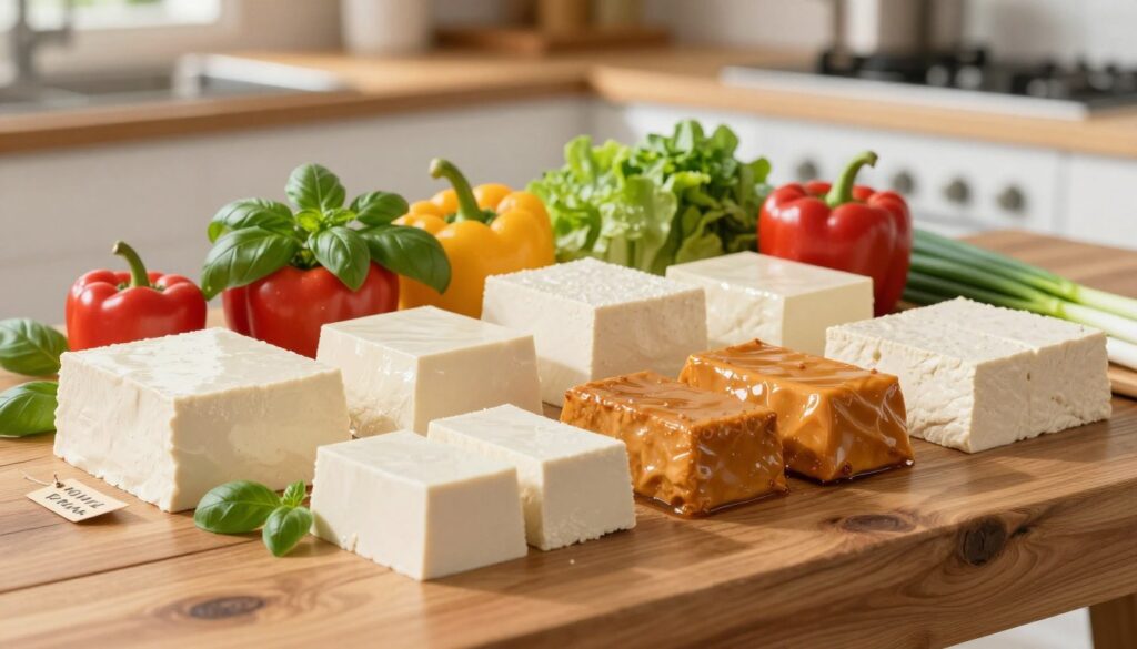 A vibrant display of various types of tofu available in the market, arranged artfully on a rustic wooden table. In the foreground, highlight different styles: soft, firm, smoked, and silken tofu, each labeled with a small decorative tag. In the middle ground, include fresh vegetables and herbs that commonly pair with tofu, such as bell peppers, basil, and green onions, enhancing the fresh and healthy appearance. The background features a soft-focus kitchen setting with warm, natural lighting, casting gentle shadows. Use a slight overhead angle to capture the details of the tofu types while creating a cozy, inviting atmosphere. The overall mood should feel fresh, nutritious, and visually appealing, showcasing the variety and versatility of tofu in a modern culinary environment.