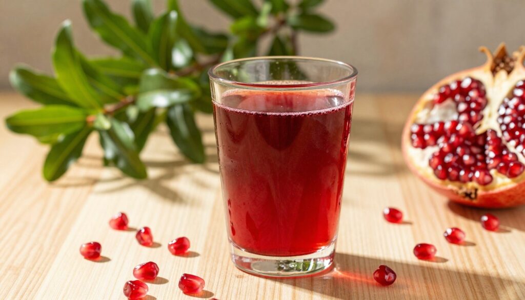 A vibrant glass of freshly squeezed pomegranate juice sits elegantly on a wooden table, surrounded by scattered bright red pomegranate seeds. In the background, lush green leaves of a pomegranate tree add a natural touch. The lighting is soft and warm, creating an inviting atmosphere, with gentle sunlight filtering through, casting delicate shadows. The angle is slightly elevated, allowing the rich color and texture of the juice to stand out, highlighting its freshness and health benefits. A faint sparkle reflects off the glass, emphasizing its allure as a nutritious drink. The composition is balanced and appealing, aimed at inspiring a sense of health and vitality. A vibrant glass of freshly squeezed pomegranate juice sits elegantly on a wooden table, surrounded by scattered bright red pomegranate seeds. In the background, lush green leaves of a pomegranate tree add a natural touch. The lighting is soft and warm, creating an inviting atmosphere, with gentle sunlight filtering through, casting delicate shadows. The angle is slightly elevated, allowing the rich color and texture of the juice to stand out, highlighting its freshness and health benefits. A faint sparkle reflects off the glass, emphasizing its allure as a nutritious drink. The composition is balanced and appealing, aimed at inspiring a sense of health and vitality.