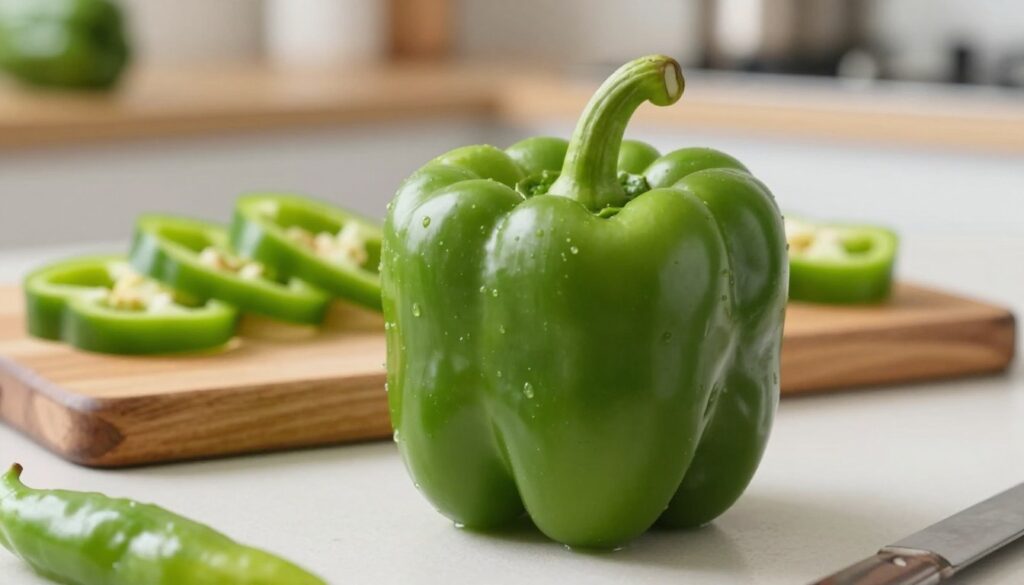 A vibrant green bell pepper placed prominently in the foreground, with its glossy surface reflecting soft light, showcasing its fresh texture and rich color. The middle ground features a rustic wooden cutting board, scattered with sliced pieces of green pepper, emphasizing its versatility in cooking. In the background, a blurred kitchen setting with soft, natural lighting enhances the homey atmosphere, hinting at a wholesome cooking experience. The overall mood is inviting and appetizing, suggesting quick meal preparations with green peppers. The image is captured at a slight angle to create depth, focusing on the freshness and appeal of the ingredients, perfect for illustrating creative culinary ideas.