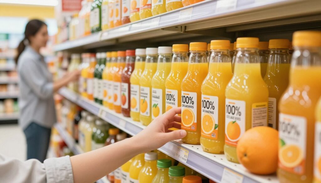 A vibrant grocery store aisle displaying various brands of orange juice, with a focus on a well-lit shelf showcasing fresh, colorful juice bottles. In the foreground, a hand reaching for a bottle of 100% pure orange juice, labeled prominently, with a few oranges on display beside it to emphasize freshness. The middle ground features other juice varieties, including some with added vitamins and pulp-free options, artistically arranged. The background is slightly blurred, depicting a friendly shopkeeper assisting a customer, reinforcing a lively shopping atmosphere. Soft, natural lighting enhances the warm and inviting feel of the scene, suggesting a bright, sunny day, while wide-angle perspective captures the depth of the aisle.