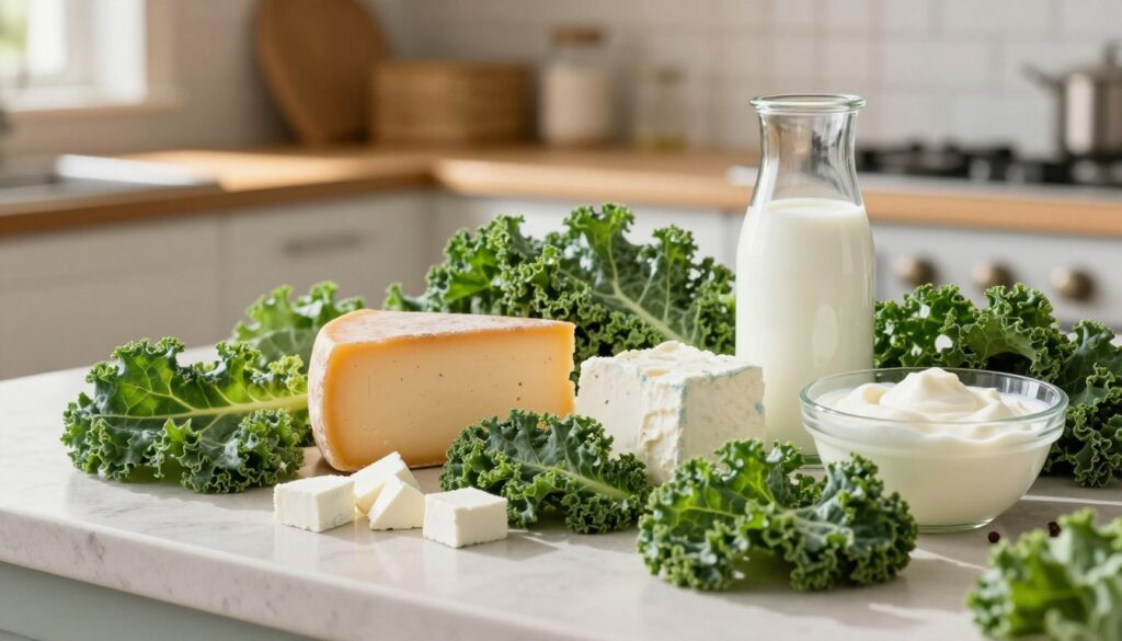 A vibrant kitchen countertop showcasing a visually appealing arrangement of kale leaves interspersed with various dairy products, including a block of cheese, a glass of milk, and a bowl of yogurt. The foreground features these items in vivid detail, highlighting their textures and colors. In the middle ground, there are subtle hints of fresh herbs and spices to suggest dietary additions. The background is softly blurred but includes glimpses of a rustic kitchen, illuminated by warm, natural sunlight streaming through a window, creating a cozy and inviting atmosphere. The mood is educational yet inviting, visually representing the relationship between kale and dairy in a health-conscious setting, with an emphasis on natural eating. A vibrant kitchen countertop showcasing a visually appealing arrangement of kale leaves interspersed with various dairy products, including a block of cheese, a glass of milk, and a bowl of yogurt. The foreground features these items in vivid detail, highlighting their textures and colors. In the middle ground, there are subtle hints of fresh herbs and spices to suggest dietary additions. The background is softly blurred but includes glimpses of a rustic kitchen, illuminated by warm, natural sunlight streaming through a window, creating a cozy and inviting atmosphere. The mood is educational yet inviting, visually representing the relationship between kale and dairy in a health-conscious setting, with an emphasis on natural eating.