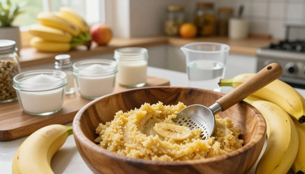 A vibrant kitchen scene focused on the preparation of banana mash for fermentation. In the foreground, a large wooden bowl filled with ripe, yellow bananas surrounded by tools like a masher and measuring cup. The middle layer features a countertop scattered with ingredients such as sugar, yeast, and water in clear glass containers. The background shows shelves filled with jars and fruits, creating a warm, inviting atmosphere. Soft, natural light streams through a window, highlighting the textures of the bananas and the rustic kitchen decor, suggesting a homely yet professional ambiance. The angle is slightly overhead, capturing the essence of a creative culinary process, perfect for illustrating the steps in making banana mash for distillation.