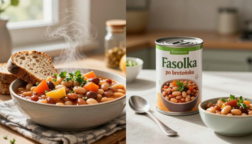 A vibrant kitchen scene showcasing a side-by-side comparison of two versions of "Fasolka po bretońsku." On the left, a steaming bowl of traditional homemade bean stew, garnished with fresh herbs, rustic bread, and colorful vegetables, radiating warmth and comfort. On the right, an eye-catching can of express bean stew, with an inviting label, displayed artfully beside a spoon and a simple serving bowl, emphasizing convenience. Soft, natural lighting filters through a window, casting gentle shadows that enhance the textures of the food. The atmosphere is cozy and inviting, designed to evoke a home-cooked meal's essence while highlighting the modern, time-saving option. The lens captures the dishes from a slightly elevated angle, providing a clear view of both meal types.