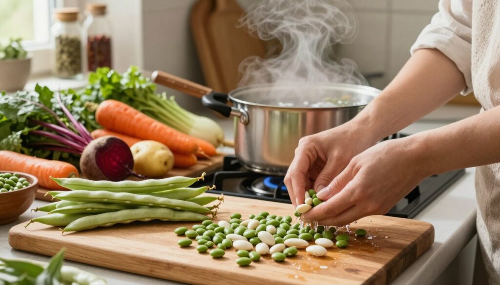 A vibrant kitchen scene showcasing the process of bean preparation for a traditional Ukrainian borscht. In the foreground, a wooden cutting board is scattered with freshly shelled, green and white beans, with a pair of hands in modest attire skillfully sorting and rinsing them. The middle ground features a pot of boiling water on the stove, steam rising, and a knife set against a backdrop of colorful vegetables like beets, carrots, and potatoes arranged artfully. The background includes rustic kitchen shelves filled with herbs and spices. Soft, natural lighting filters through a window, creating a warm, inviting atmosphere, while the lens captures the details with depth of field, emphasizing the freshness and authenticity of the cooking process. A vibrant kitchen scene showcasing the process of bean preparation for a traditional Ukrainian borscht. In the foreground, a wooden cutting board is scattered with freshly shelled, green and white beans, with a pair of hands in modest attire skillfully sorting and rinsing them. The middle ground features a pot of boiling water on the stove, steam rising, and a knife set against a backdrop of colorful vegetables like beets, carrots, and potatoes arranged artfully. The background includes rustic kitchen shelves filled with herbs and spices. Soft, natural lighting filters through a window, creating a warm, inviting atmosphere, while the lens captures the details with depth of field, emphasizing the freshness and authenticity of the cooking process.
