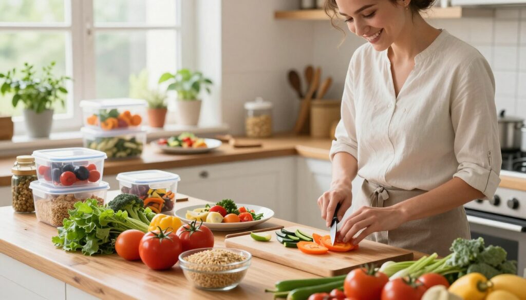 A vibrant kitchen scene showcasing the process of meal composition throughout the day. In the foreground, a diverse array of fresh ingredients including colorful vegetables, grains, and proteins are neatly arranged on a wooden countertop. A smiling, professional chef in modest casual clothing is thoughtfully chopping vegetables, showcasing culinary techniques. In the middle ground, a well-organized meal prep station with storage containers and balanced meal plates can be seen, emphasizing healthy choices. The background features a bright, sunlit kitchen with herbs on a windowsill, creating an inviting atmosphere. Soft, natural lighting enhances the fresh colors and textures of the ingredients, inviting viewers to embrace healthy meal planning. Ideal for illustrating the importance of nutritious meal composition.