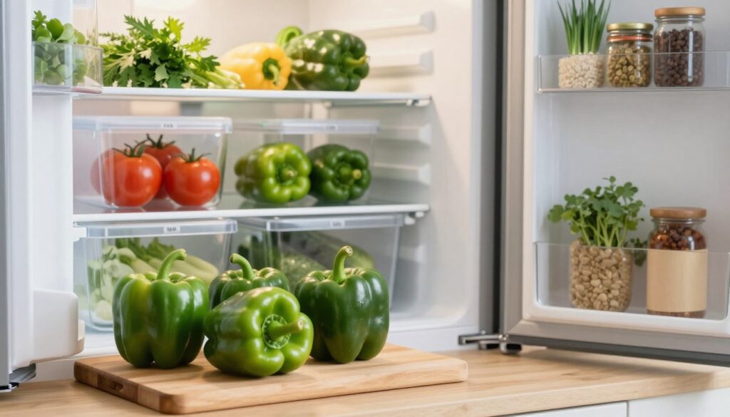 A vibrant kitchen scene showcasing the storage of fresh green bell peppers. In the foreground, a wooden cutting board holds several shiny, whole green bell peppers, their skin reflecting soft natural light. The middle ground features a well-organized refrigerator with clear storage containers labeled with dates, highlighting the peppers alongside other vegetables like tomatoes and cucumbers. In the background, the kitchen shelves are lined with various herbs and spices, contributing to a fresh atmosphere. The soft lighting creates a warm, inviting mood, illuminating the textures of the peppers and the wooden elements in the kitchen. This composition emphasizes the importance of proper storage to maintain freshness, with a focus on a clean, modern aesthetic typical for home kitchens.