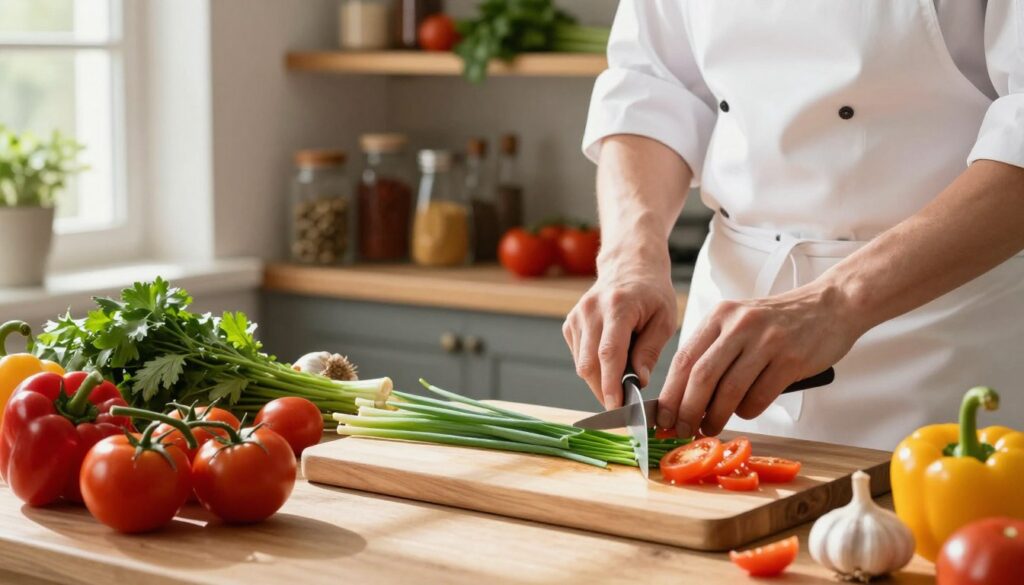A vibrant kitchen setting with fresh chives prominently displayed on a wooden cutting board, surrounded by an array of colorful ingredients like tomatoes, bell peppers, and garlic. In the background, a rustic wooden shelf lined with a variety of spices and herbs adds depth. Natural light pours in from a nearby window, casting soft shadows and highlighting the greenery of the chives. A chef in a crisp white apron is gently chopping, with a focus on their skilled hands, creating a warm and inviting atmosphere. The scene should convey a sense of culinary creativity and freshness, illustrating how chives enhance dishes visually and flavorfully. A vibrant kitchen setting with fresh chives prominently displayed on a wooden cutting board, surrounded by an array of colorful ingredients like tomatoes, bell peppers, and garlic. In the background, a rustic wooden shelf lined with a variety of spices and herbs adds depth. Natural light pours in from a nearby window, casting soft shadows and highlighting the greenery of the chives. A chef in a crisp white apron is gently chopping, with a focus on their skilled hands, creating a warm and inviting atmosphere. The scene should convey a sense of culinary creativity and freshness, illustrating how chives enhance dishes visually and flavorfully.