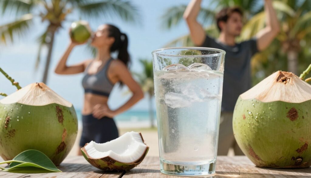 A vibrant, refreshing scene showcasing coconut water as a natural isotonic drink for athletes. In the foreground, a clear glass filled with chilled coconut water, condensation glistening on the surface. Light reflects off the glass, emphasizing its clarity. Surrounding the glass are fresh green coconuts with a few leaves, enhancing the tropical feel. In the middle ground, a blurred fitness setting featuring athletes – a woman in athletic wear sipping from a coconut and a man stretching, both exuding energy and vitality. The background includes lush palm trees under a bright blue sky, creating an invigorating and sunny atmosphere. Use natural lighting to convey freshness and healthiness. Showcase details like the texture of the coconut flesh and the sparkle of water droplets for an appetizing look.