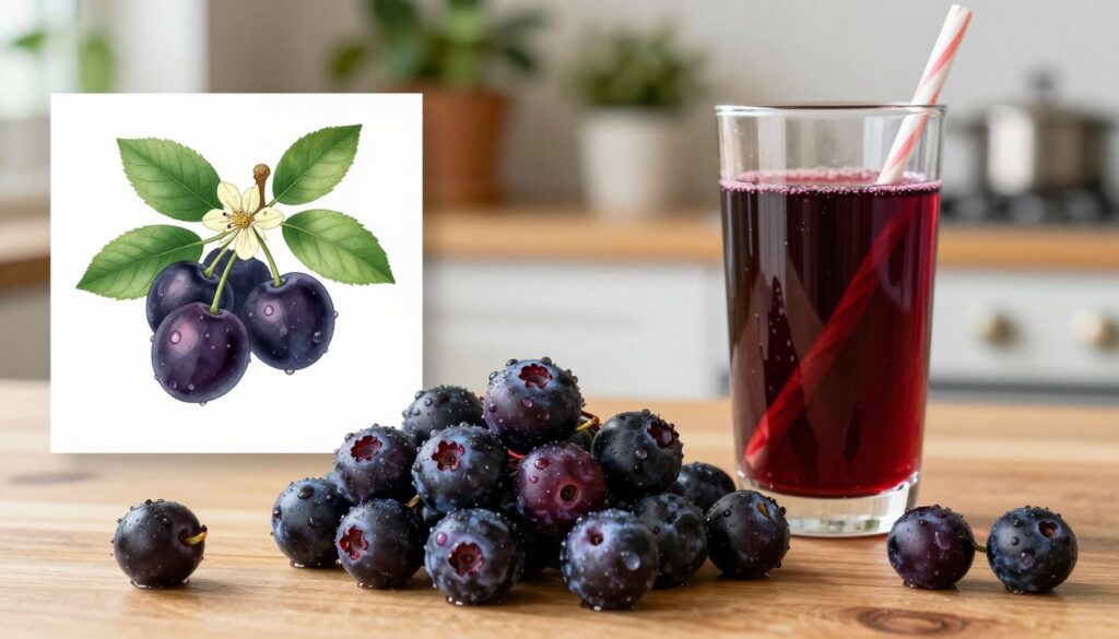 A vibrant still life composition showcasing the health benefits of chokeberries (aronia). In the foreground, a neatly arranged group of plump, dark purple chokeberries on a wooden table, glistening with morning dew. Beside them, a glass of fresh chokeberry juice, with a straw artistically placed, reflecting the rich color of the berries. In the middle ground, a botanical illustration of chokeberries, highlighting their leaves and flowers, delicately lit with soft, natural light to emphasize their details. The background features a softly blurred kitchen setting with green plants, conveying a warm, healthy atmosphere. The image should evoke a sense of wellness and natural vitality, rich in texture and color, with a focus on the simple yet vibrant beauty of chokeberries.