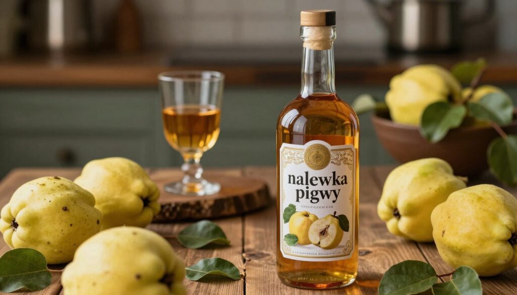 A visually captivating scene featuring a bottle of "nalewka pigwy" - a traditional quince liqueur - elegantly placed in the foreground. The bottle should be unique with an intricate label, showcasing natural hues inspired by quinces. Surround the bottle with fresh, ripe quinces and sprigs of green leaves, creating a sense of abundance. In the middle background, display a subtle wooden table that hints at rustic charm, with a glass filled halfway with the amber liquid, reflecting soft golden light. The background should be slightly blurred, hinting at a cozy, warmly lit kitchen or a rustic bar setting. The overall atmosphere should evoke warmth and sophistication, inviting the viewer to appreciate the artisanal craft of the liqueur. Soft, natural lighting enhances the inviting mood.