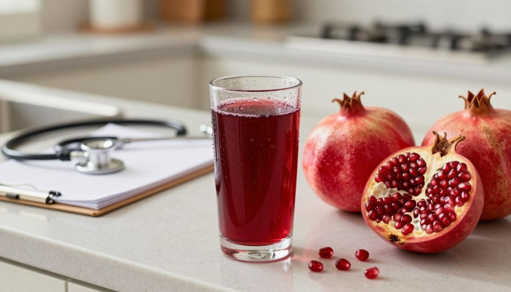 A well-designed kitchen countertop scene featuring a beautifully arranged display of pomegranates, emphasizing their vibrant red color and glossy skin. Include a glass of freshly poured pomegranate juice, droplets glistening under soft, warm lighting to enhance the freshness. In the background, softly blurred, are subtle health-related elements like a stethoscope and a notepad with notes on dietary precautions, signifying the theme of contraindications and safety. Use a shallow depth of field to focus on the glass and fruit while creating a calming atmosphere. The overall mood should be informative and inviting, suitable for a health-conscious audience. Aim for a clean and professional composition, without any text or distractions. A well-designed kitchen countertop scene featuring a beautifully arranged display of pomegranates, emphasizing their vibrant red color and glossy skin. Include a glass of freshly poured pomegranate juice, droplets glistening under soft, warm lighting to enhance the freshness. In the background, softly blurred, are subtle health-related elements like a stethoscope and a notepad with notes on dietary precautions, signifying the theme of contraindications and safety. Use a shallow depth of field to focus on the glass and fruit while creating a calming atmosphere. The overall mood should be informative and inviting, suitable for a health-conscious audience. Aim for a clean and professional composition, without any text or distractions.