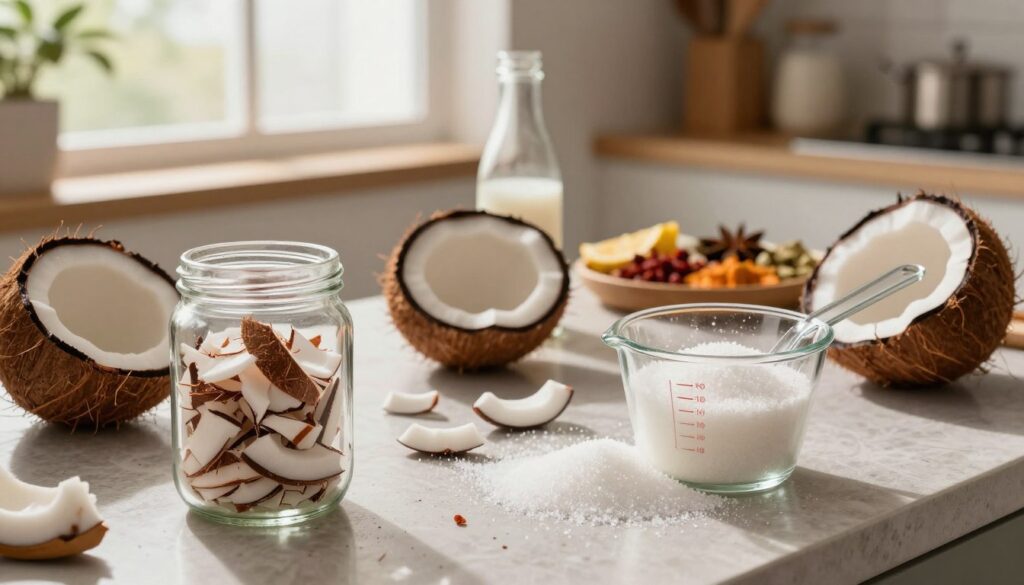A well-lit kitchen workspace showcasing the common mistakes in coconut liqueur creation. In the foreground, a clear glass jar filled with coconut shavings and a measuring cup overflowing with sugar, symbolizing miscalculations in ingredients. In the middle, a table cluttered with spilled coconut milk and overripe coconuts, illustrating timing errors and poor selection. In the background, a colorful array of disorganized spices and fruit, hinting at the confusion of flavor mixing. The lighting is warm and inviting, emanating from a large window, casting soft shadows that emphasize the chaos of the scene. The atmosphere should reflect a blend of creativity and frustration, capturing the essence of the pitfalls in homemade coconut liqueur preparation, without any human presence.