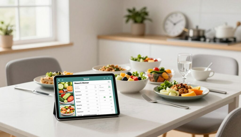 A well-organized dining table set in a bright, modern kitchen environment, showcasing a healthy meal plan. In the foreground, a digital tablet displaying a meal schedule, with vibrant images of fruits, vegetables, and wholesome dishes around it. In the middle ground, a variety of prepared healthy meals in elegant serving dishes, emphasizing portion control and balanced nutrition. The background features soft, natural light streaming through a window, highlighting a potted plant and a clock, symbolizing time management. The atmosphere is calm and inviting, encouraging the viewer to reflect on meal timing and planning. The kitchen should feel professional yet cozy, with minimalistic decor.