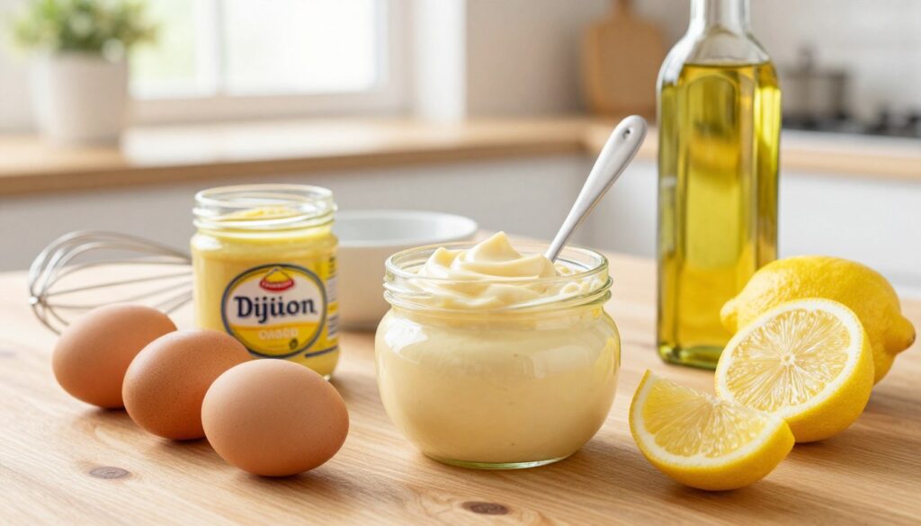 A wooden kitchen table laden with fresh ingredients for homemade mayonnaise, showcasing a bright, inviting atmosphere. In the foreground, there are a bowl of eggs, a jar of Dijon mustard, fresh lemon slices, and a bottle of olive oil, all arranged aesthetically. The middle ground features a whisk and a small bowl, hinting at the preparation process. In the background, soft natural light streams in through a window, creating a warm, wholesome glow. Vivid colors of the ingredients pop against the rustic wooden texture, evoking a sense of freshness and authenticity. The overall mood is cheerful and inspiring, perfect for a cooking topic focused on quality ingredients.