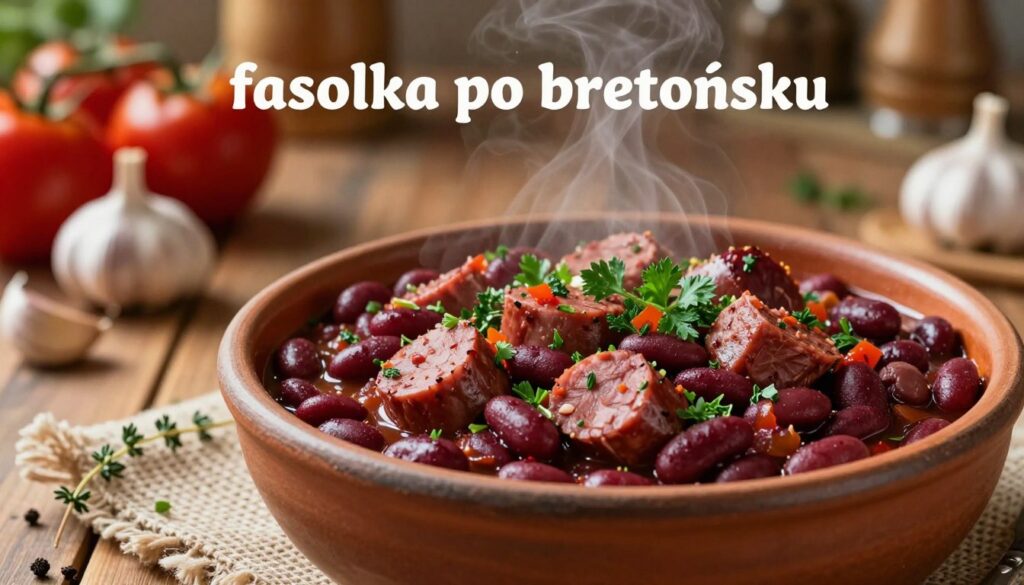 Aromatic bean stew, also known as "fasolka po bretońsku," presented in a rustic bowl, filled with rich red beans, tender chunks of sausage, and a medley of colorful herbs like parsley and thyme. The foreground showcases the bowl, with steam rising gently, highlighting the dish's warmth and heartiness. In the middle, a wooden table with a woven cloth adds texture, while scattered fresh ingredients like garlic and tomatoes offer a touch of authenticity. The background features a softly blurred kitchen setting, warm lighting casting a cozy glow, creating an inviting atmosphere. The composition should evoke feelings of comfort and home-cooked meals, emphasizing the aromatic spices enhancing the dish's flavor.