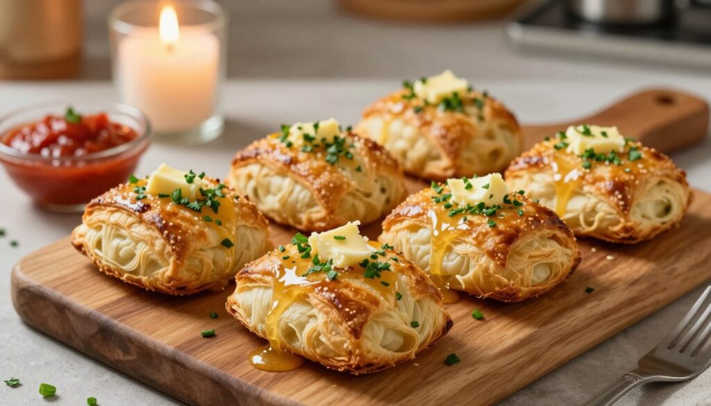 Golden-brown garlic rolls made from flaky puff pastry, artfully arranged on a rustic wooden board. Each roll is brushed with melted butter and sprinkled with finely chopped herbs, such as parsley and chives, contrasting against the golden crust. In the background, a softly glowing candle illuminates the scene, casting gentle shadows, while a small dish of marinara sauce is placed nearby for dipping. The kitchen setting features warm, natural light, creating an inviting and cozy atmosphere. The lens captures the rolls from a slightly elevated angle, emphasizing their flaky texture and appealing aroma. The image conveys a sense of warmth and togetherness, perfect for a comforting dinner. Golden-brown garlic rolls made from flaky puff pastry, artfully arranged on a rustic wooden board. Each roll is brushed with melted butter and sprinkled with finely chopped herbs, such as parsley and chives, contrasting against the golden crust. In the background, a softly glowing candle illuminates the scene, casting gentle shadows, while a small dish of marinara sauce is placed nearby for dipping. The kitchen setting features warm, natural light, creating an inviting and cozy atmosphere. The lens captures the rolls from a slightly elevated angle, emphasizing their flaky texture and appealing aroma. The image conveys a sense of warmth and togetherness, perfect for a comforting dinner.