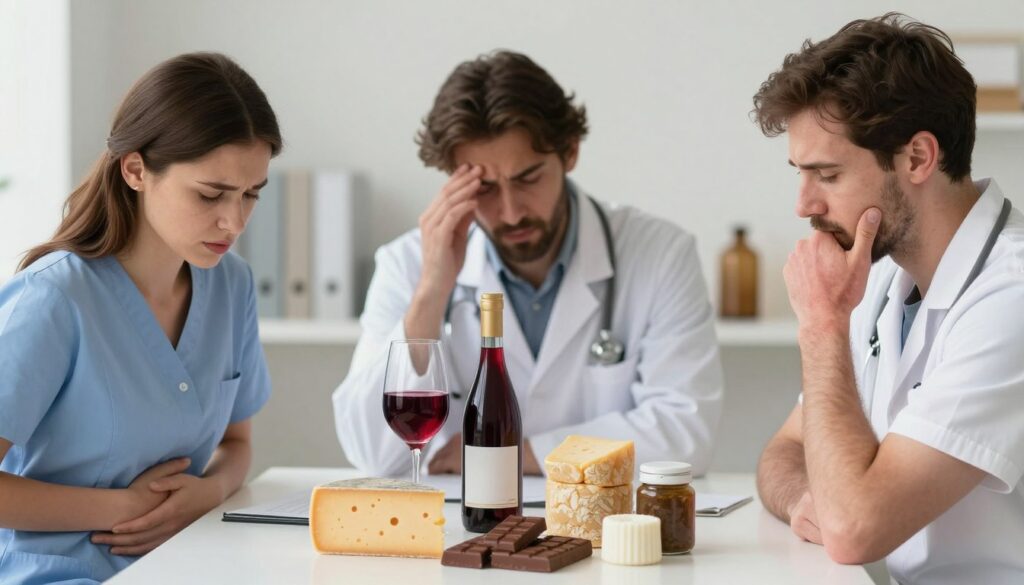 Visualize a serene medical setting focusing on the concept of histamine intolerance symptoms. In the foreground, display a diverse group of three people (a woman and two men) expressing discomfort: the woman holding her stomach, one man rubbing his temples, and the other with a rash on his arms, all dressed in professional attire. In the middle ground, place a detailed illustration of histamine-related foods like aged cheese, wine, chocolate, and fermented products, artistically arranged on a table. The background should depict a calm, softly lit clinic environment with neutral colors, creating an inviting yet informative atmosphere. Utilize soft lighting to emphasize warmth and understanding, capturing the attention of the viewer while conveying seriousness about histamine intolerance.